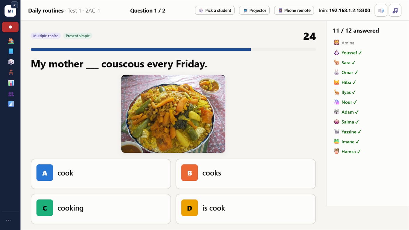 Teacher screen: a live question with students' answers arriving